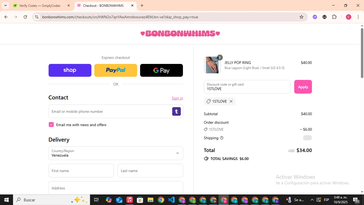 Bonbonwhims promo code screenshot showing code 1STLOVE applied at Bonbonwhims checkout page. Uploaded by SimplyCodes community member CouponHero7312 on Sep 10, 2025