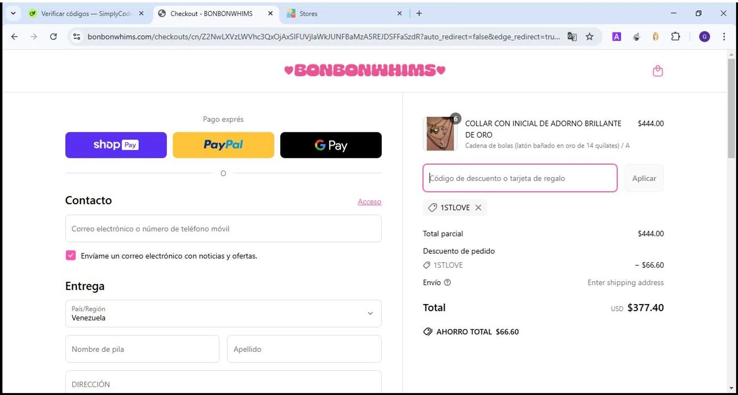 Bonbonwhims promo code screenshot showing code 1STLOVE applied at Bonbonwhims checkout page. Uploaded by SimplyCodes community member Theking on Apr 2, 2025