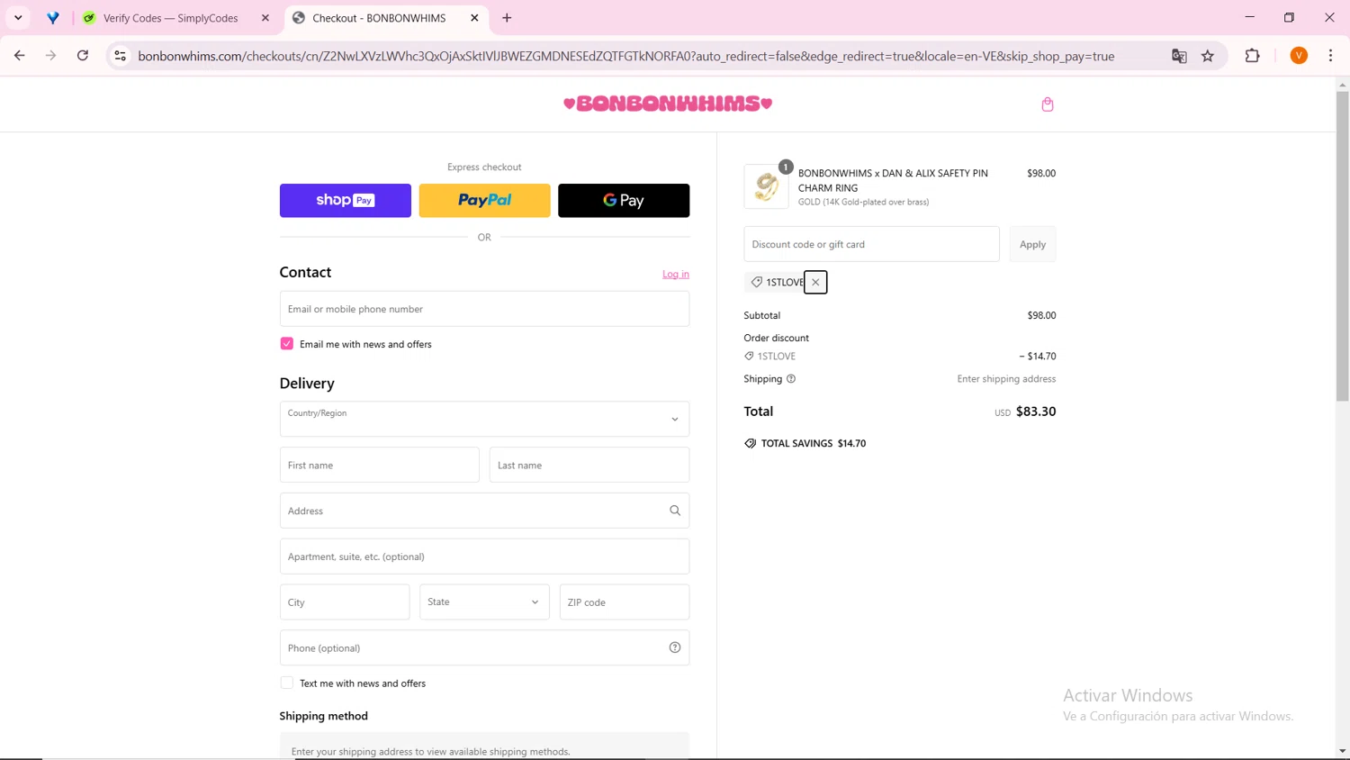 Bonbonwhims promo code screenshot showing code 1STLOVE applied at Bonbonwhims checkout page. Uploaded by SimplyCodes community member FortunateFinder9465 on Feb 8, 2025