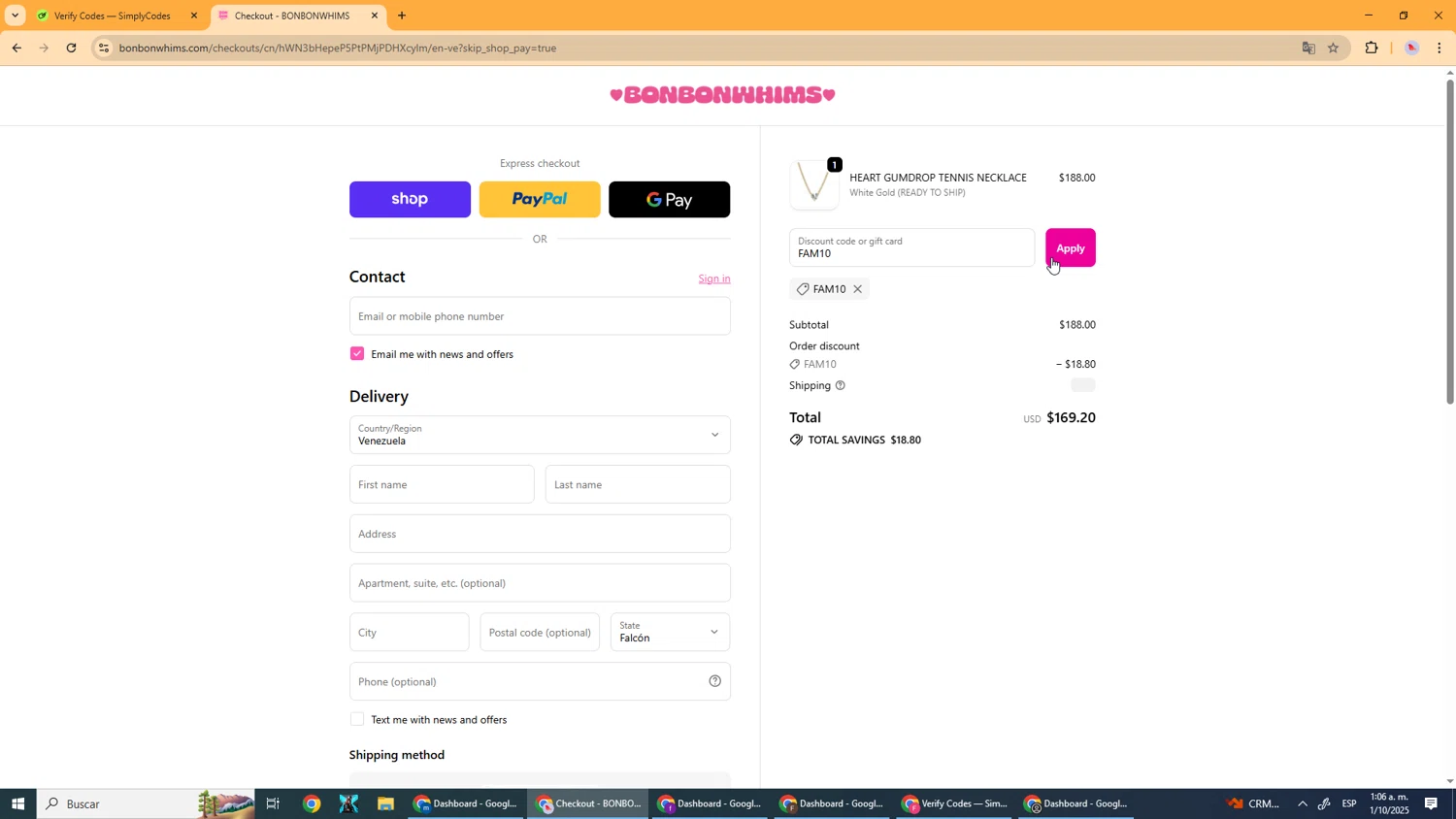 Bonbonwhims promo code screenshot showing code FAM10 applied at Bonbonwhims checkout page. Uploaded by SimplyCodes community member DealScout5970 on Oct 1, 2025