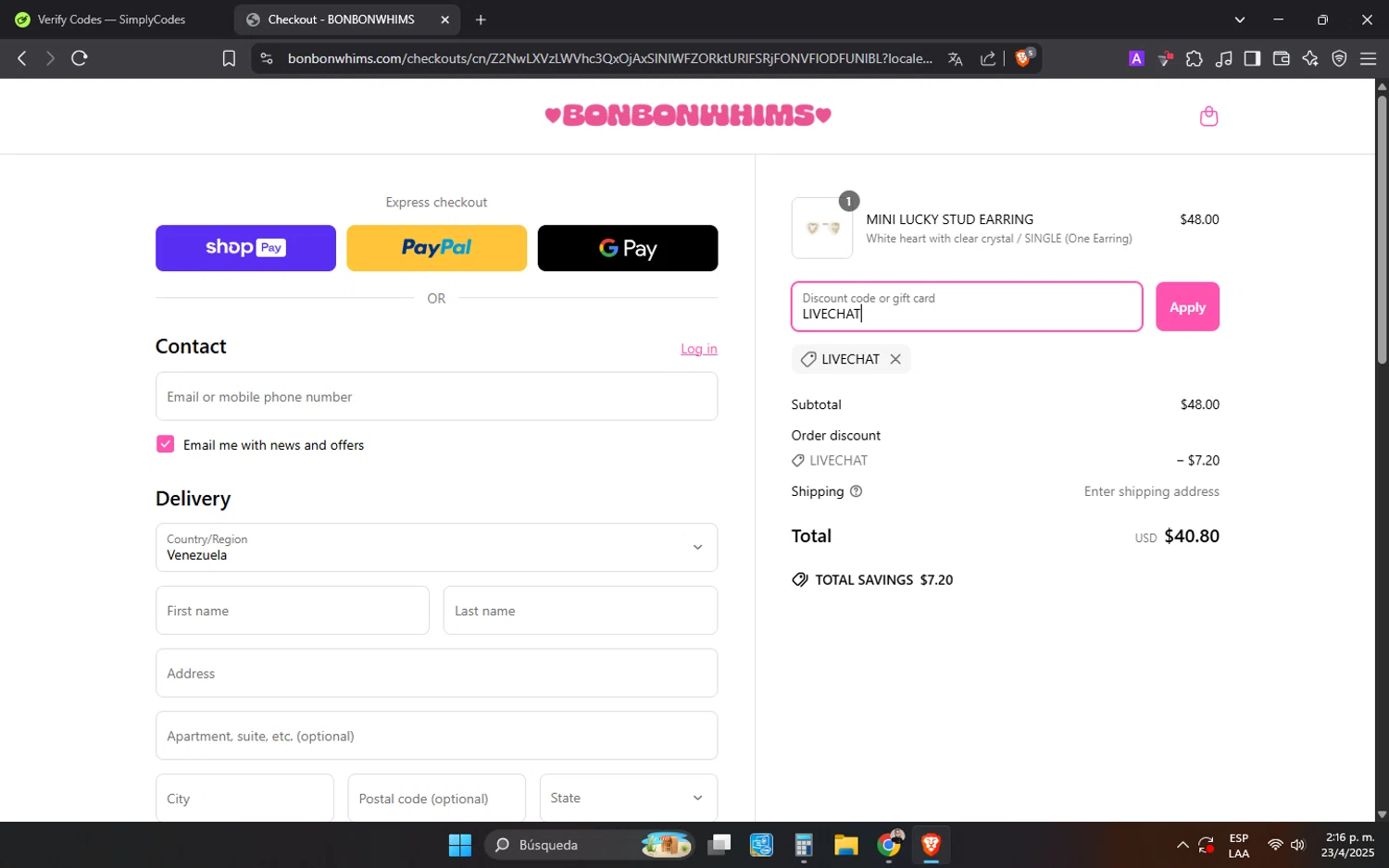 Bonbonwhims promo code screenshot showing code LIVECHAT applied at Bonbonwhims checkout page. Uploaded by SimplyCodes community member MonkyDLuffy on Apr 23, 2025