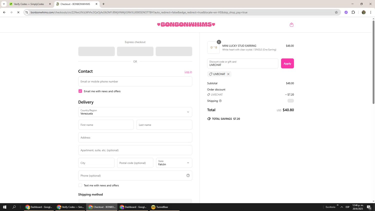 Bonbonwhims promo code screenshot showing code LIVECHAT applied at Bonbonwhims checkout page. Uploaded by SimplyCodes community member Phoenix585 on Jun 20, 2025