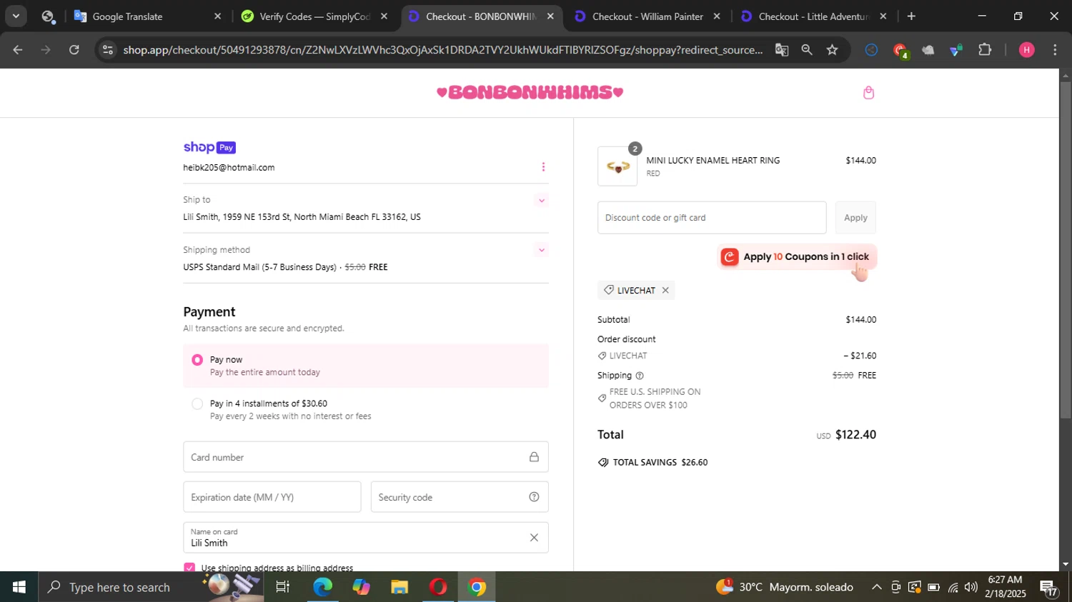 Bonbonwhims promo code screenshot showing code LIVECHAT applied at Bonbonwhims checkout page. Uploaded by SimplyCodes community member Sargentofrost on Feb 18, 2025