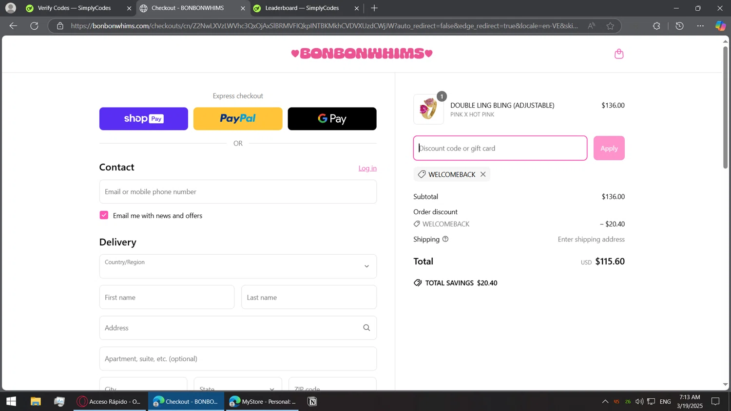 Bonbonwhims promo code screenshot showing code WELCOMEBACK applied at Bonbonwhims checkout page. Uploaded by SimplyCodes community member BorgeZzz on Mar 19, 2025