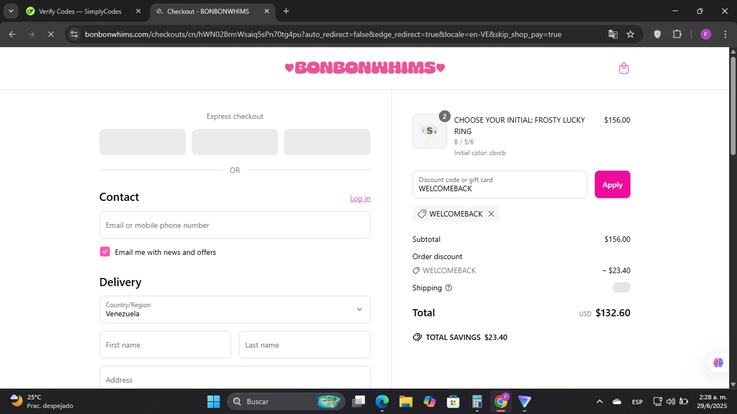 Bonbonwhims promo code screenshot showing code WELCOMEBACK applied at Bonbonwhims checkout page. Uploaded by SimplyCodes community member Elwao0213 on Jun 29, 2025