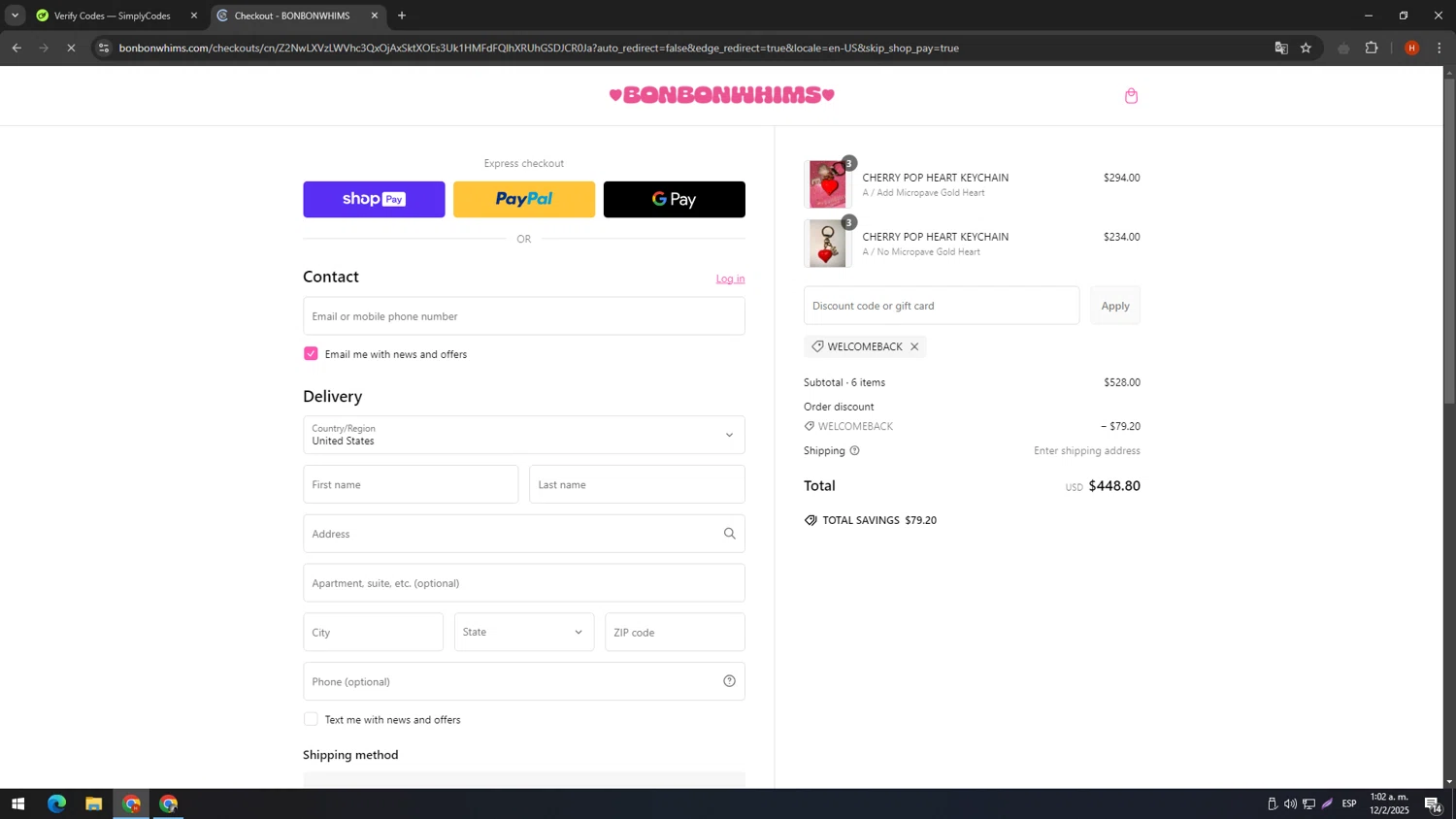 Bonbonwhims promo code screenshot showing code WELCOMEBACK applied at Bonbonwhims checkout page. Uploaded by SimplyCodes community member elconsentido on Feb 12, 2025