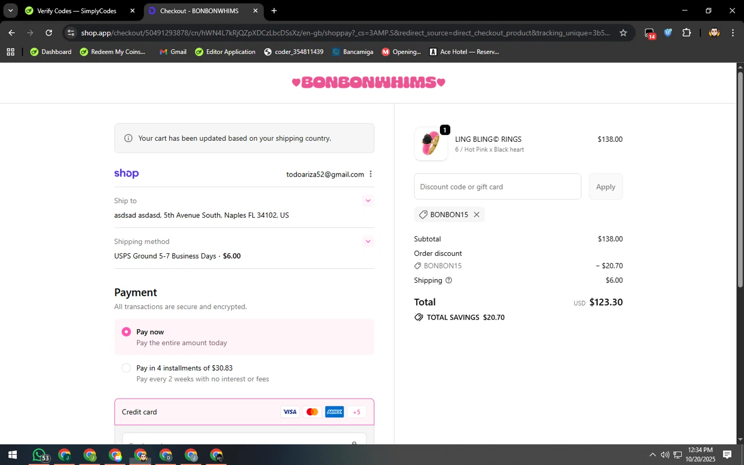 Bonbonwhims promo code screenshot showing code BONBON15 applied at Bonbonwhims checkout page. Uploaded by SimplyCodes community member ArizaJuan on Oct 20, 2025