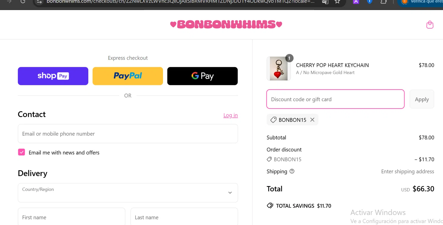 Bonbonwhims promo code screenshot showing code BONBON15 applied at Bonbonwhims checkout page. Uploaded by SimplyCodes community member CashElite5536 on Mar 19, 2025
