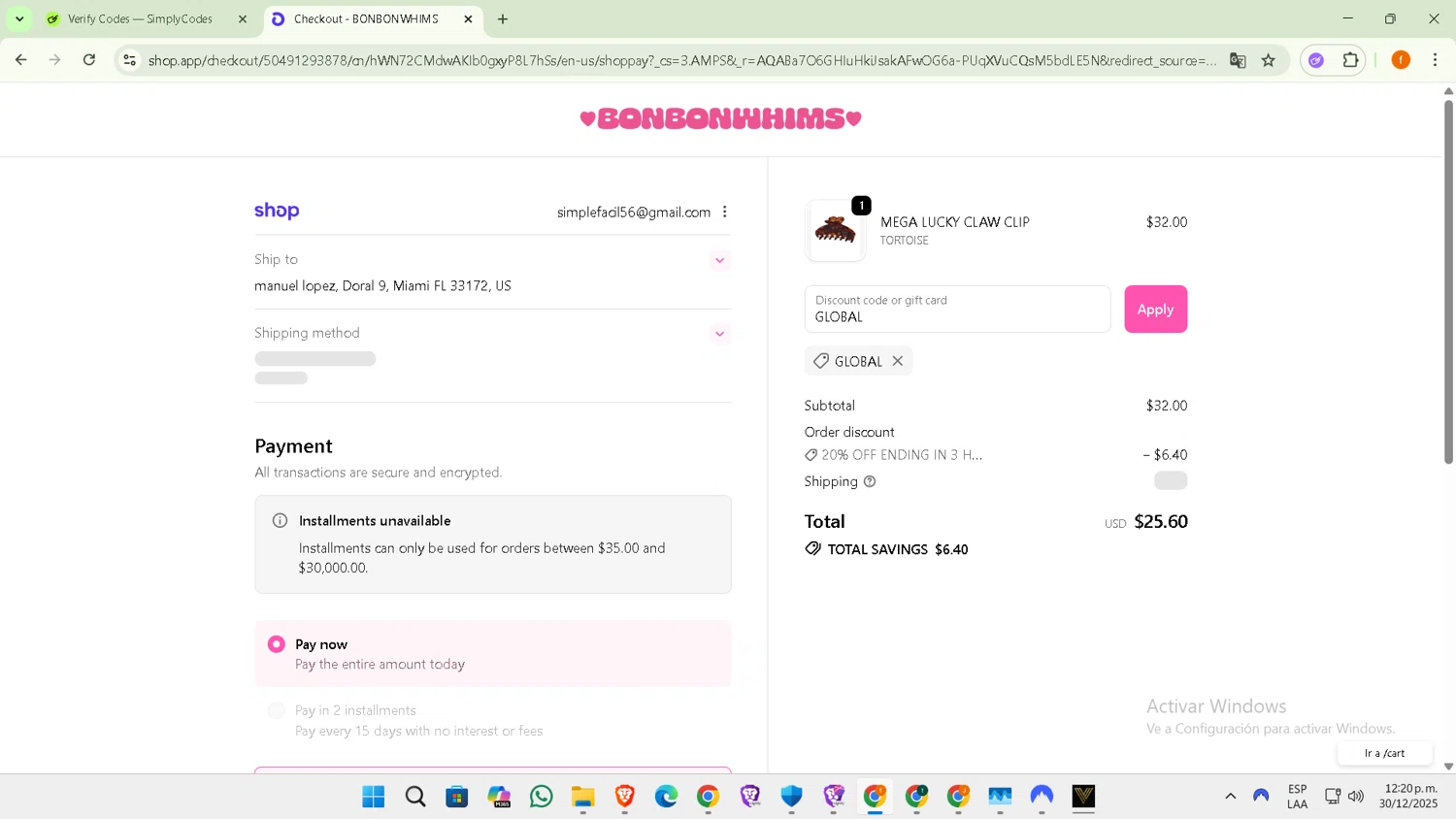 Bonbonwhims checkout page showing Bonbonwhims promo code box | Screenshot taken by SimplyCodes community member on Dec 30, 2025