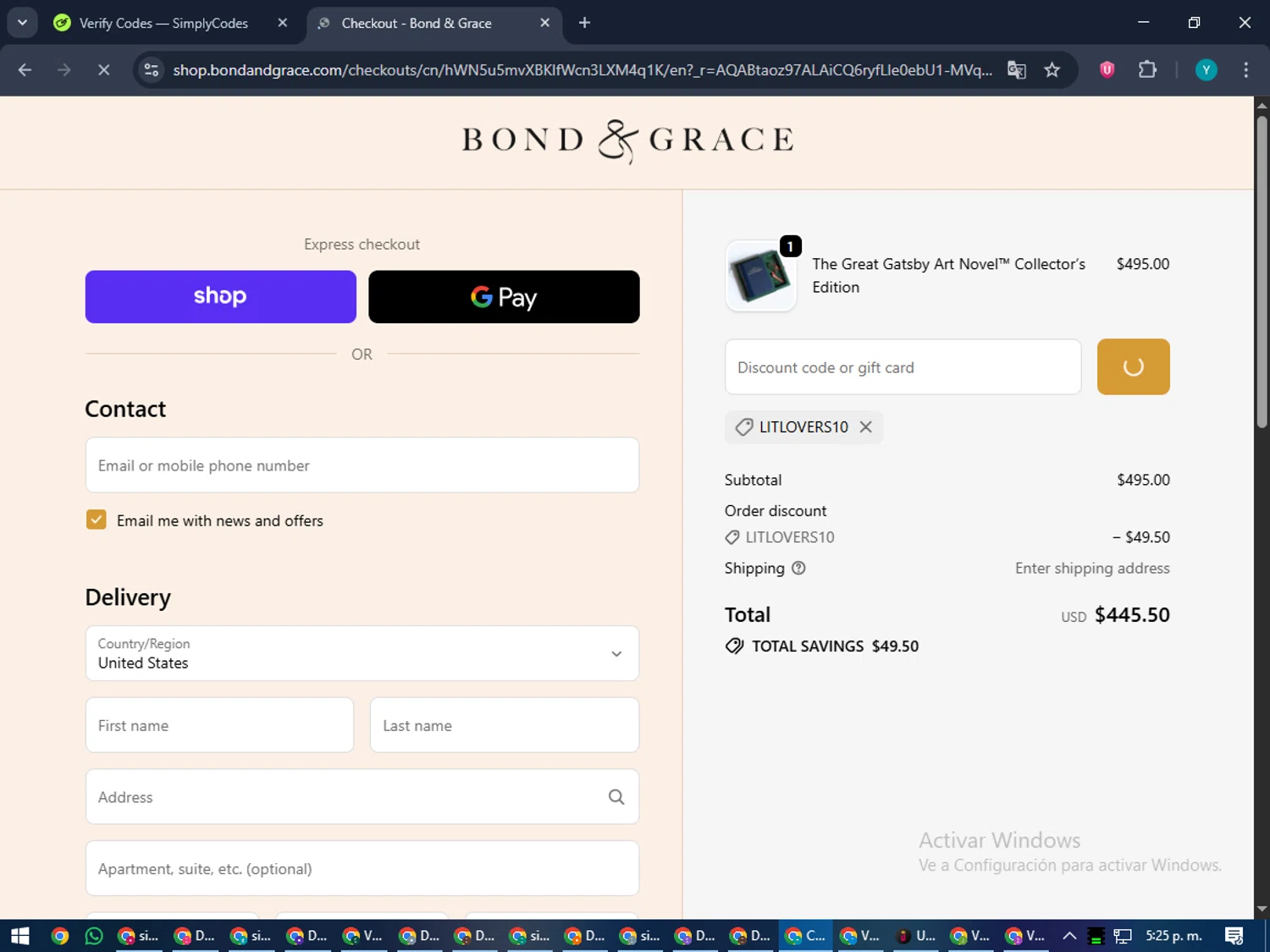 Bond & Grace promo code screenshot showing code LITLOVERS10 applied at Bond & Grace checkout page. Uploaded by SimplyCodes community member RoyalEagle4794 on Nov 30, 2025