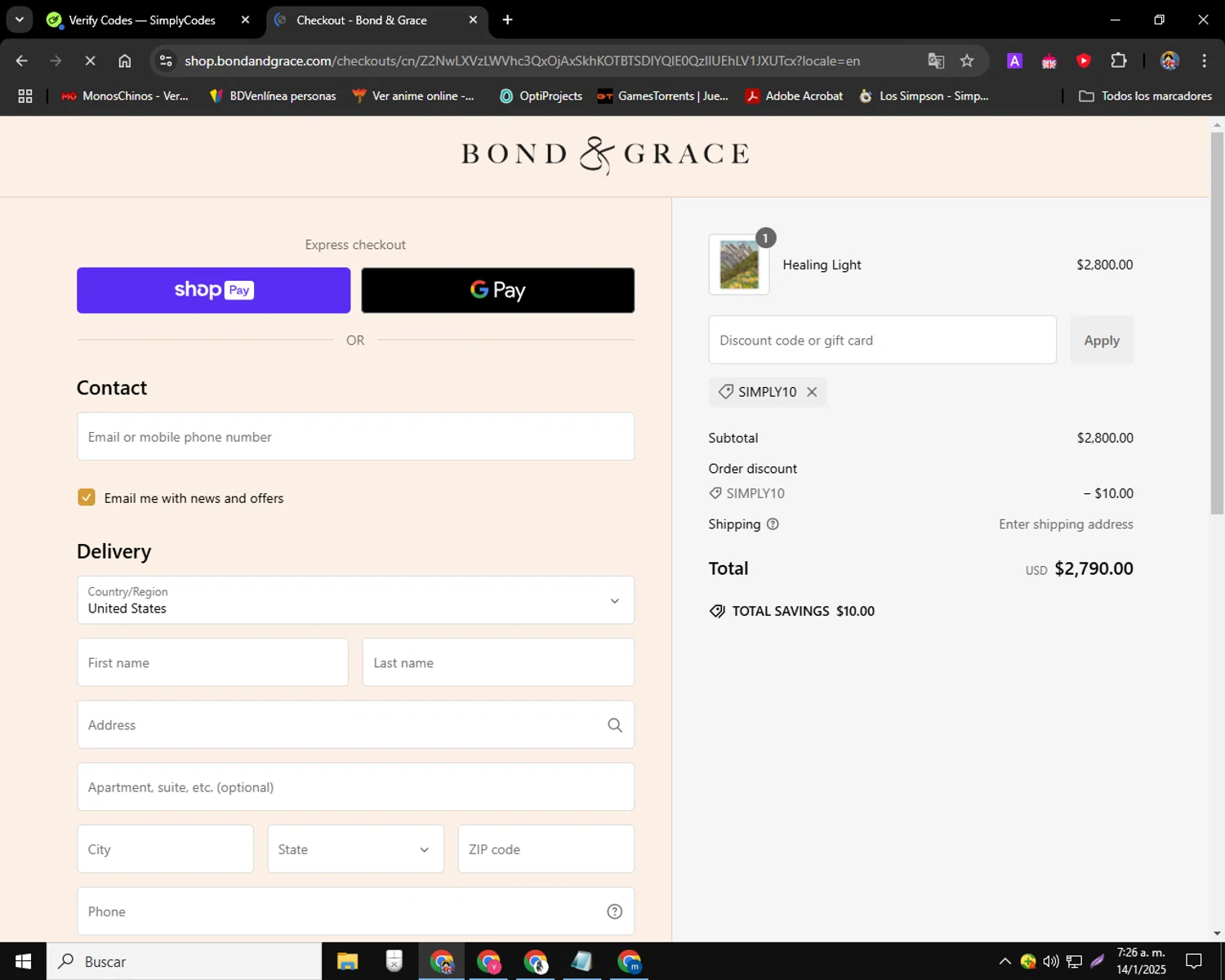 Bond & Grace promo code screenshot showing code SIMPLY10 applied at Bond & Grace checkout page. Uploaded by SimplyCodes community member charmander589 on Jan 14, 2025