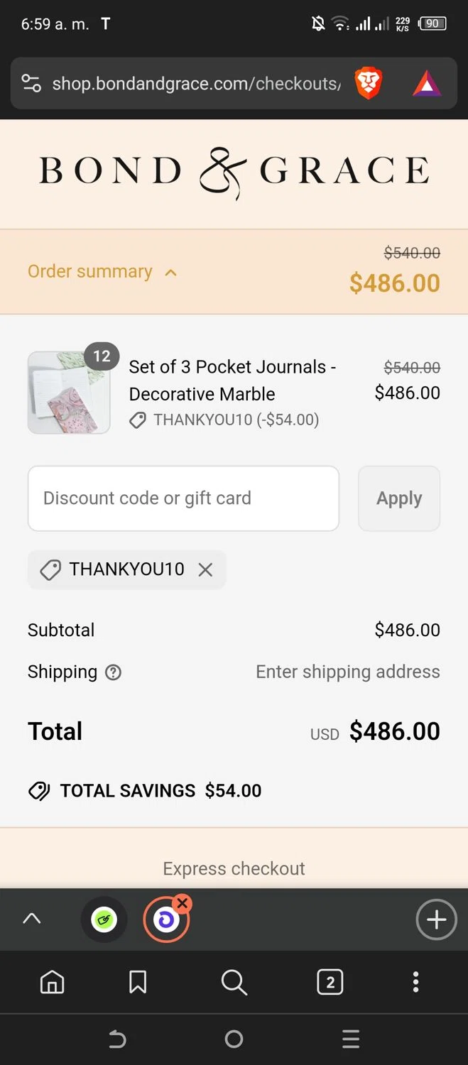 Bond & Grace promo code screenshot showing code THANKYOU10 applied at Bond & Grace checkout page. Uploaded by SimplyCodes community member Leannysv7lla on Mar 30, 2025