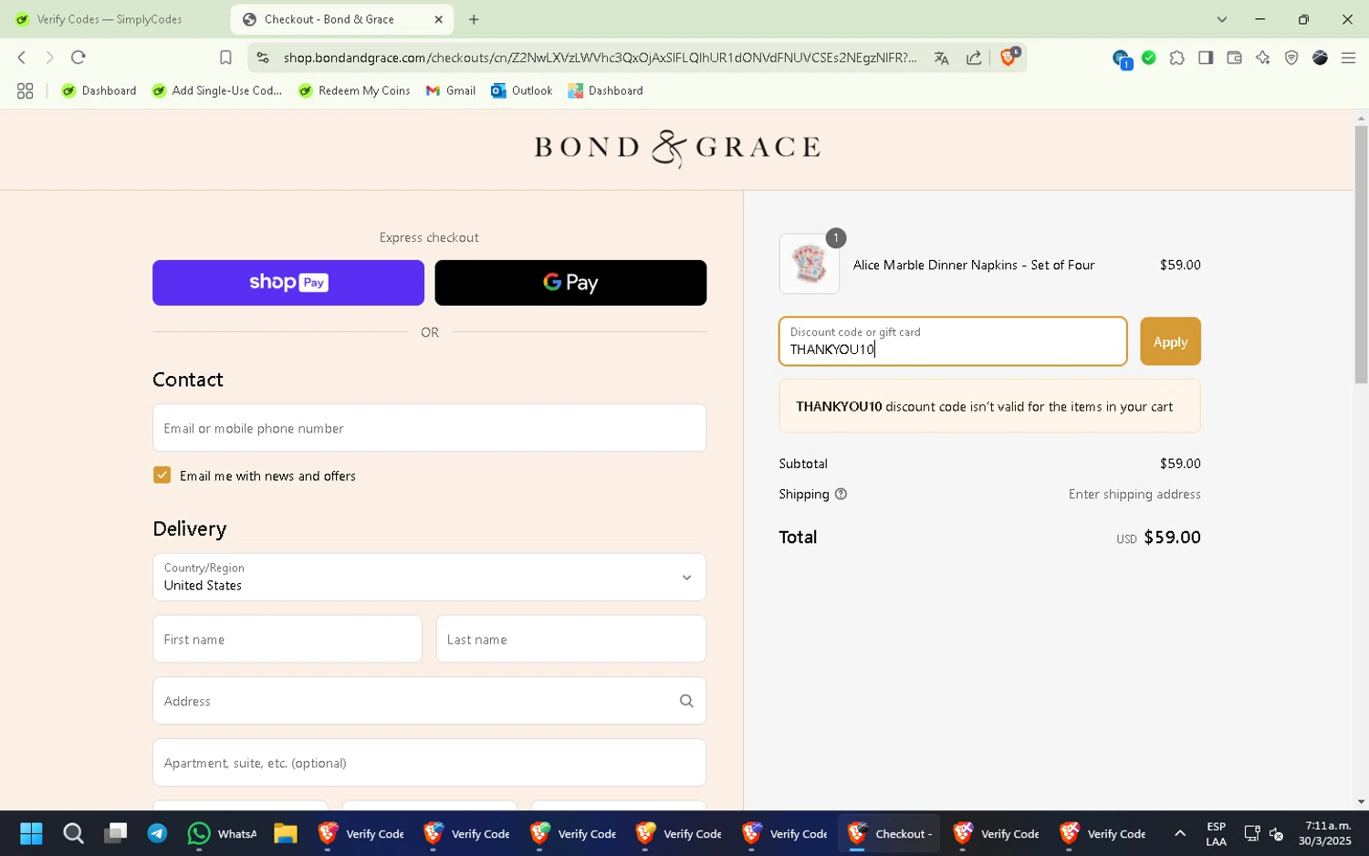 Bond & Grace promo code screenshot showing code THANKYOU10 applied at Bond & Grace checkout page. Uploaded by SimplyCodes community member ExtraordinaryExpert892 on Mar 30, 2025
