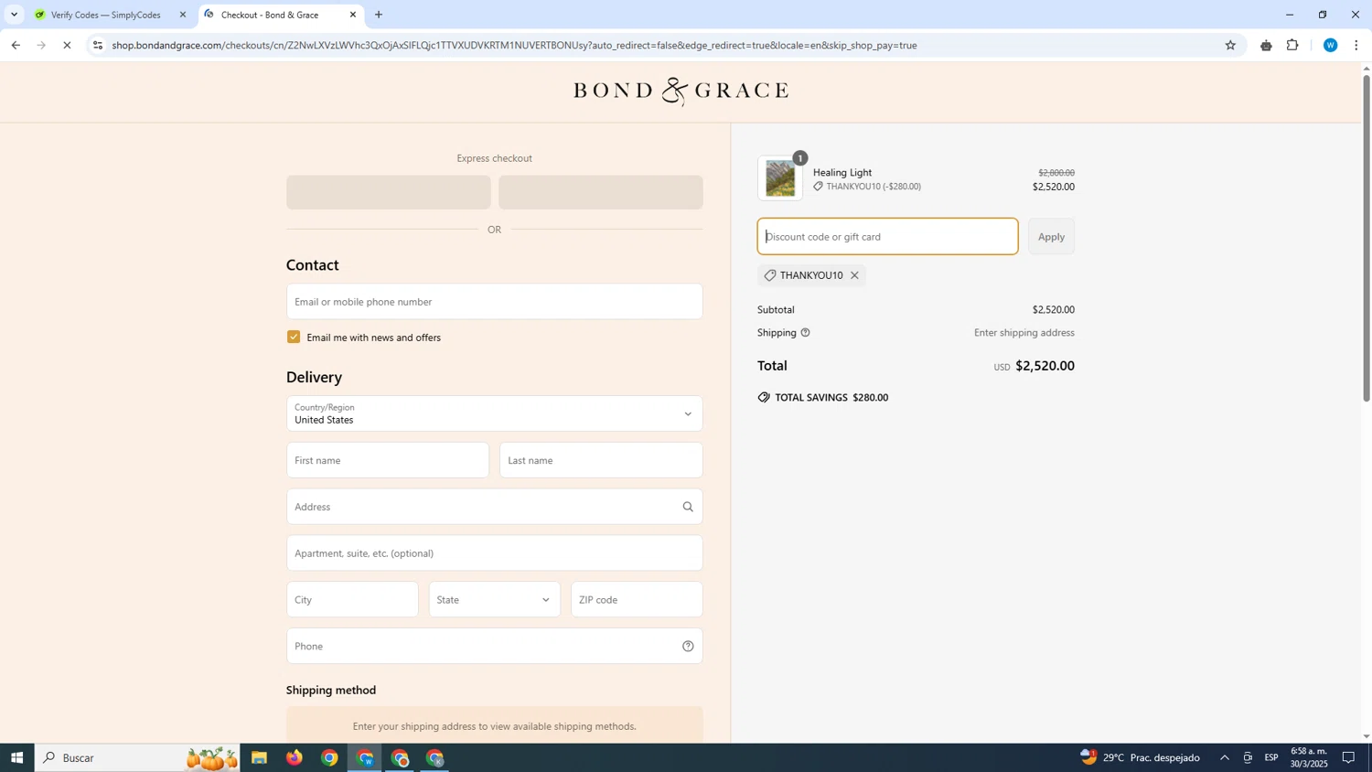 Bond & Grace promo code screenshot showing code THANKYOU10 applied at Bond & Grace checkout page. Uploaded by SimplyCodes community member CrownShopper7142 on Mar 30, 2025