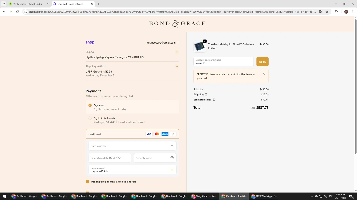 Bond & Grace promo code screenshot showing code secret15 applied at Bond & Grace checkout page. Uploaded by SimplyCodes community member KTMCRF on Nov 30, 2025