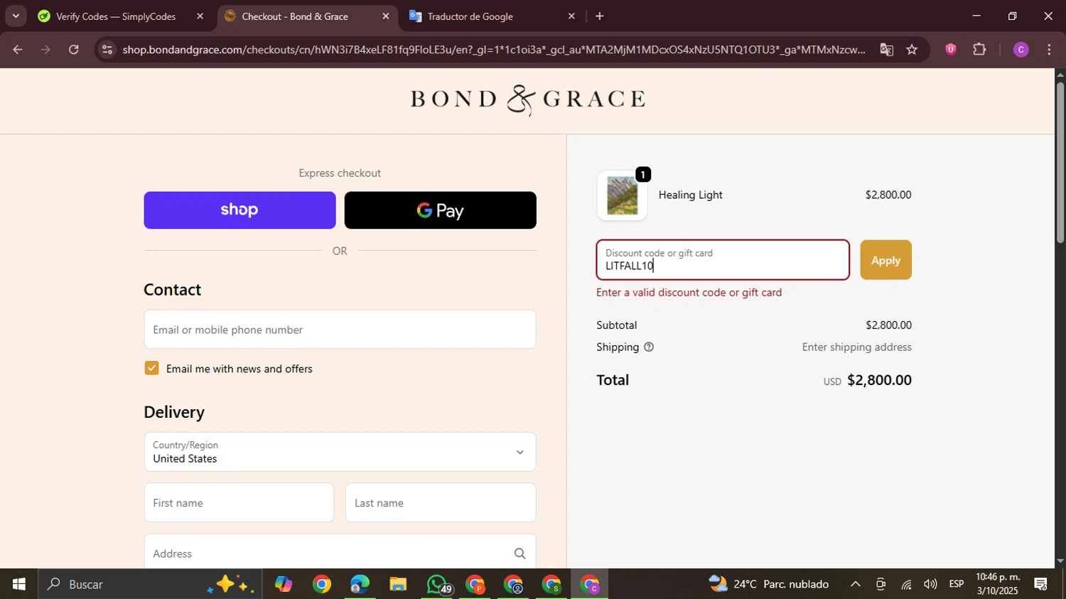 Bond & Grace promo code screenshot showing code LITFALL10 applied at Bond & Grace checkout page. Uploaded by SimplyCodes community member FrugalPro5078 on Oct 4, 2025