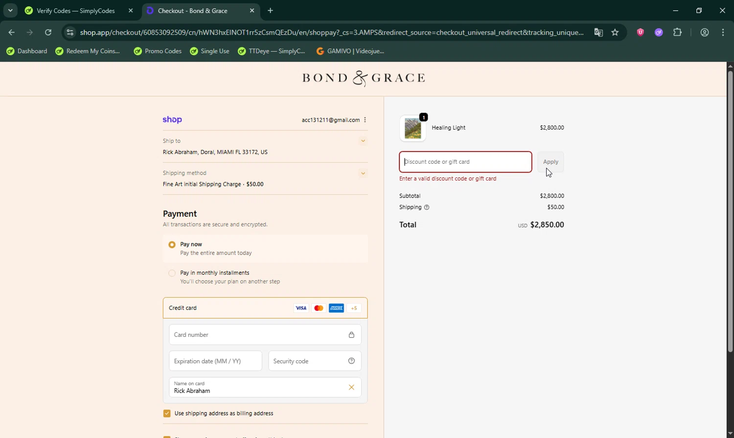 Bond & Grace promo code screenshot showing code LITFALL10 applied at Bond & Grace checkout page. Uploaded by SimplyCodes community member LHaunter on Oct 4, 2025