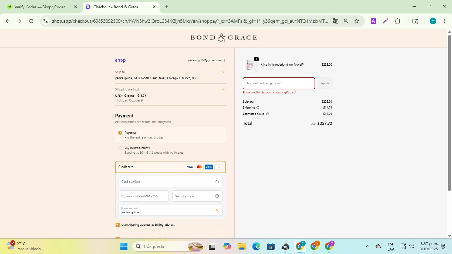 Bond & Grace promo code screenshot showing code LITFALL10 applied at Bond & Grace checkout page. Uploaded by SimplyCodes community member yadiracg074 on Oct 4, 2025
