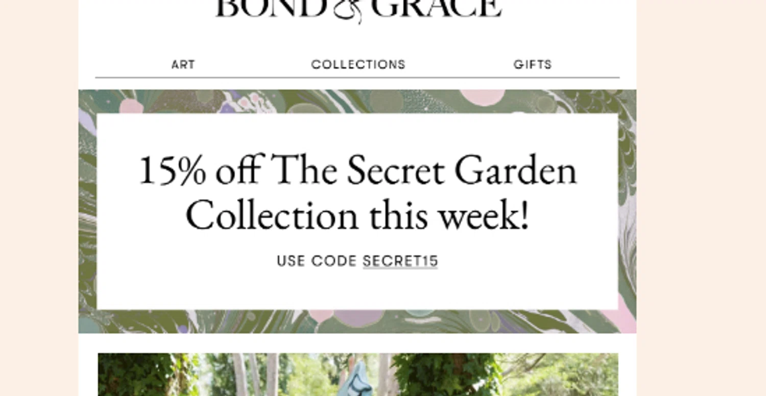Bond & Grace promo code screenshot showing code secret15 applied at Bond & Grace checkout page. Uploaded by SimplyCodes community member Logoteam on Aug 8, 2025