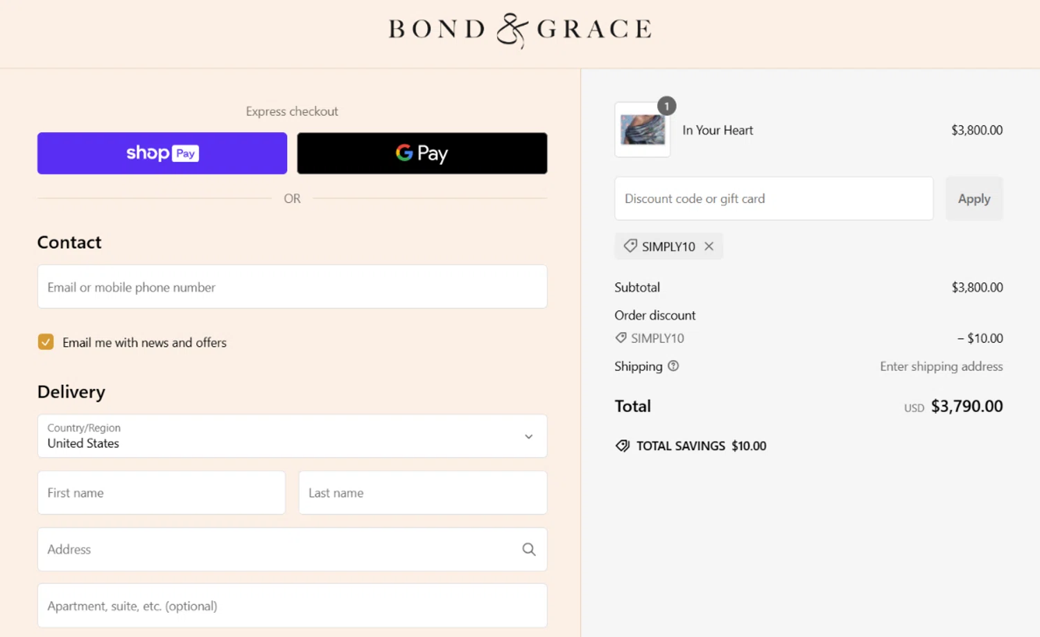 Bond & Grace promo code screenshot showing code SIMPLY10 applied at Bond & Grace checkout page. Uploaded by SimplyCodes community member angelavidal on Dec 14, 2024