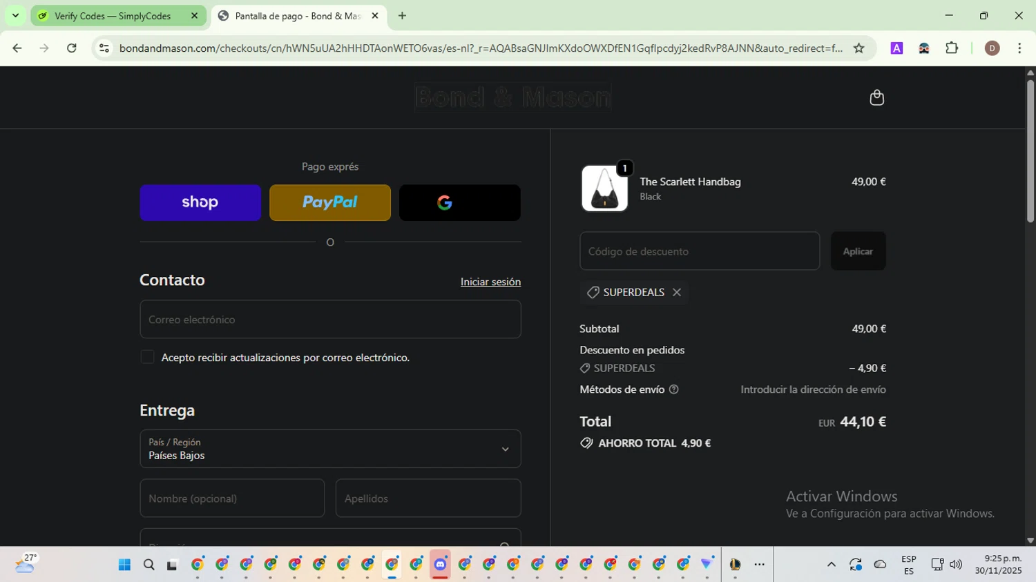 Bond & Mason promo code screenshot showing code SUPERDEALS applied at Bond & Mason checkout page. Uploaded by SimplyCodes community member NobleWarden6764 on Dec 1, 2025