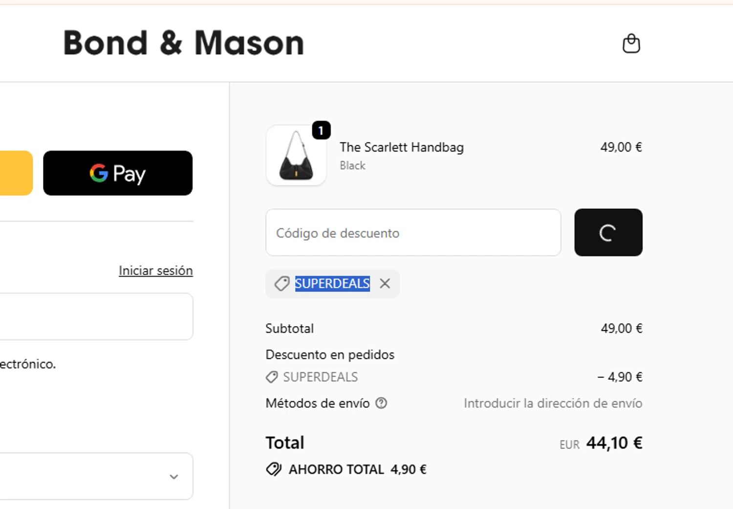 Bond & Mason promo code screenshot showing code SUPERDEALS applied at Bond & Mason checkout page. Uploaded by SimplyCodes community member RewardCurator5232 on Dec 1, 2025