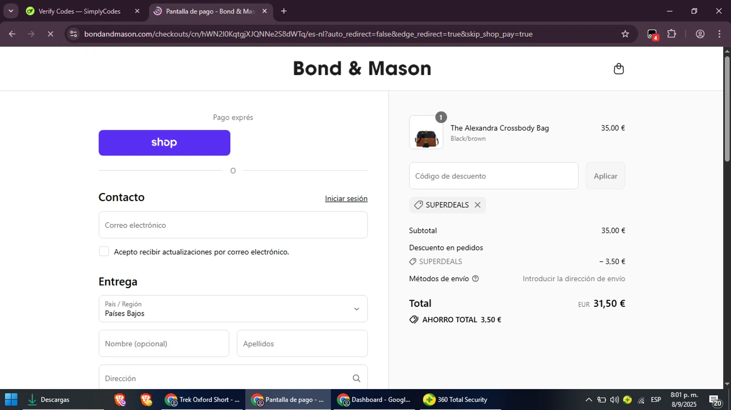 Bond & Mason promo code screenshot showing code SUPERDEALS applied at Bond & Mason checkout page. Uploaded by SimplyCodes community member ScanVoyager3538 on Sep 9, 2025