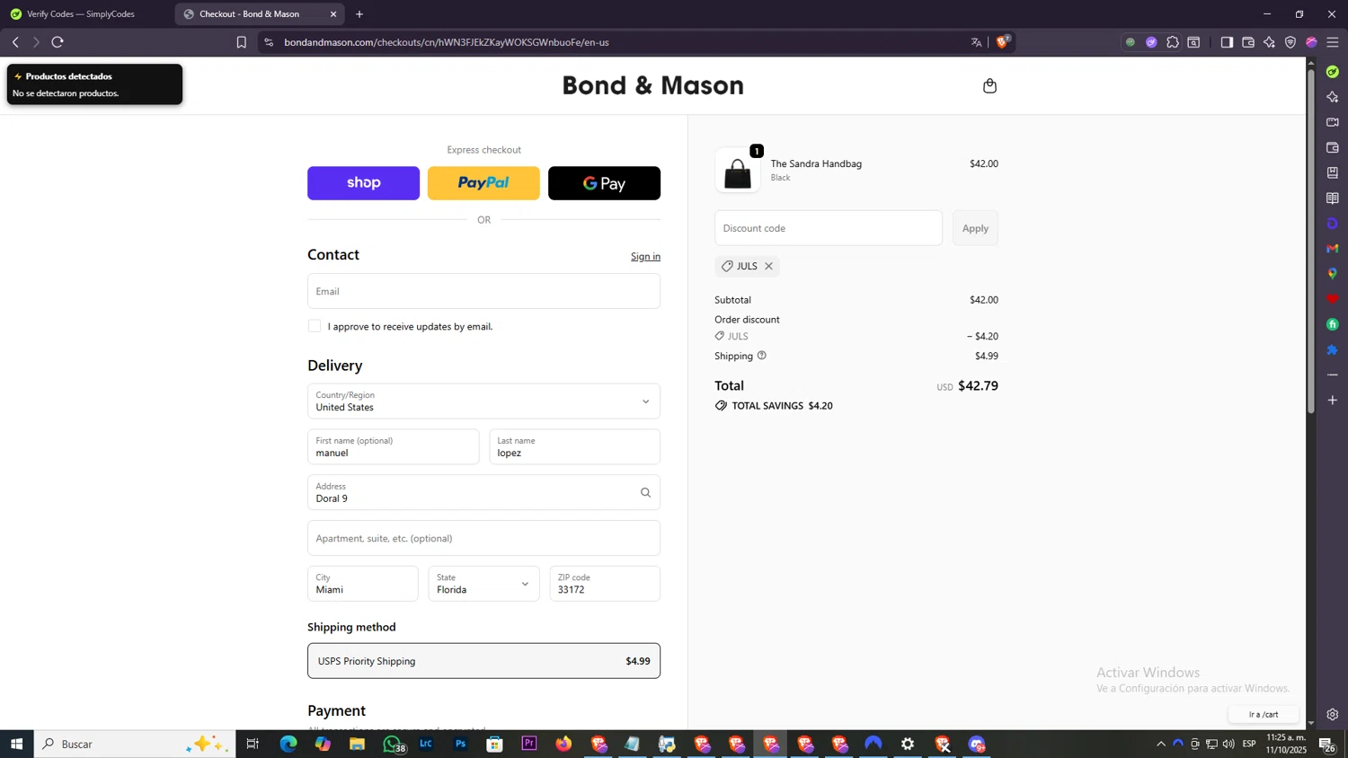 Bond & Mason promo code screenshot showing code JULS applied at Bond & Mason checkout page. Uploaded by SimplyCodes community member SilverSentinel7889 on Oct 11, 2025