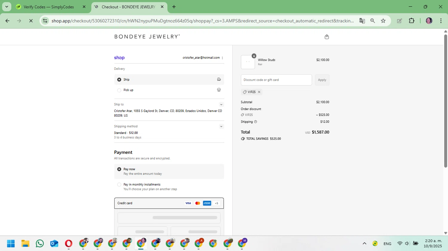 Bondeye Jewelry promo code screenshot showing code VIP25 applied at Bondeye Jewelry checkout page. Uploaded by SimplyCodes community member Mari_perez on Sep 10, 2025