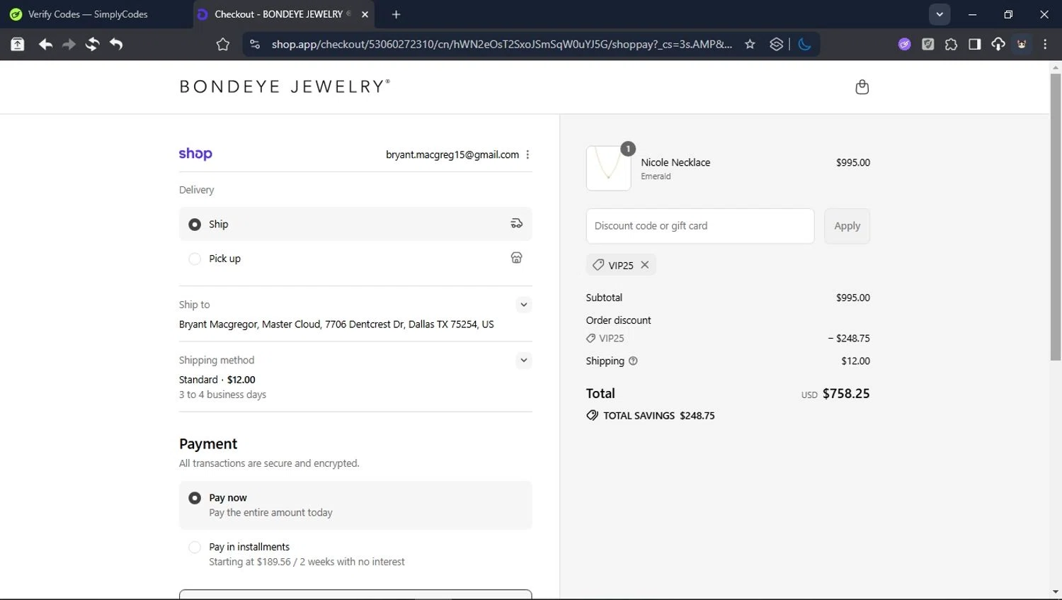 Bondeye Jewelry promo code screenshot showing code VIP25 applied at Bondeye Jewelry checkout page. Uploaded by SimplyCodes community member USER_RANDON on Sep 6, 2025