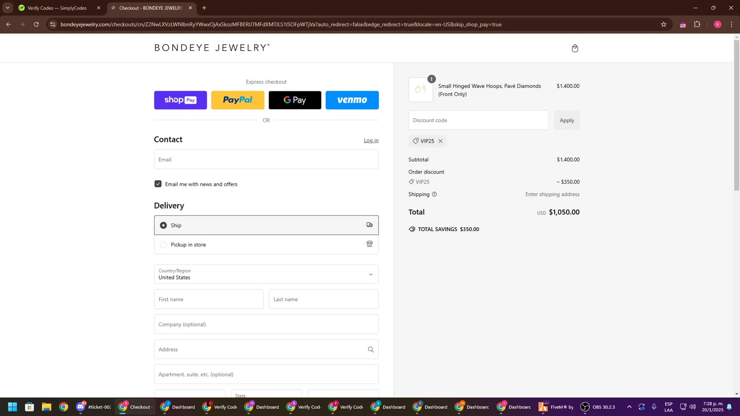Bondeye Jewelry promo code screenshot showing code VIP25 applied at Bondeye Jewelry checkout page. Uploaded by SimplyCodes community member TreasureWarden457 on Jan 20, 2025