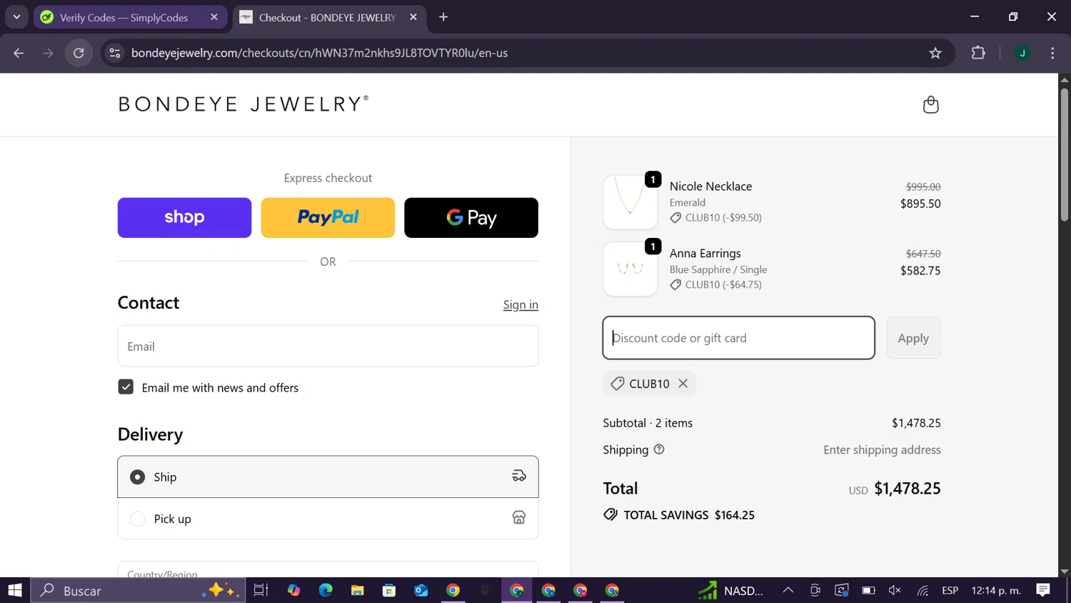 Bondeye Jewelry promo code screenshot showing code CLUB10 applied at Bondeye Jewelry checkout page. Uploaded by SimplyCodes community member CleverElite8110 on Sep 18, 2025