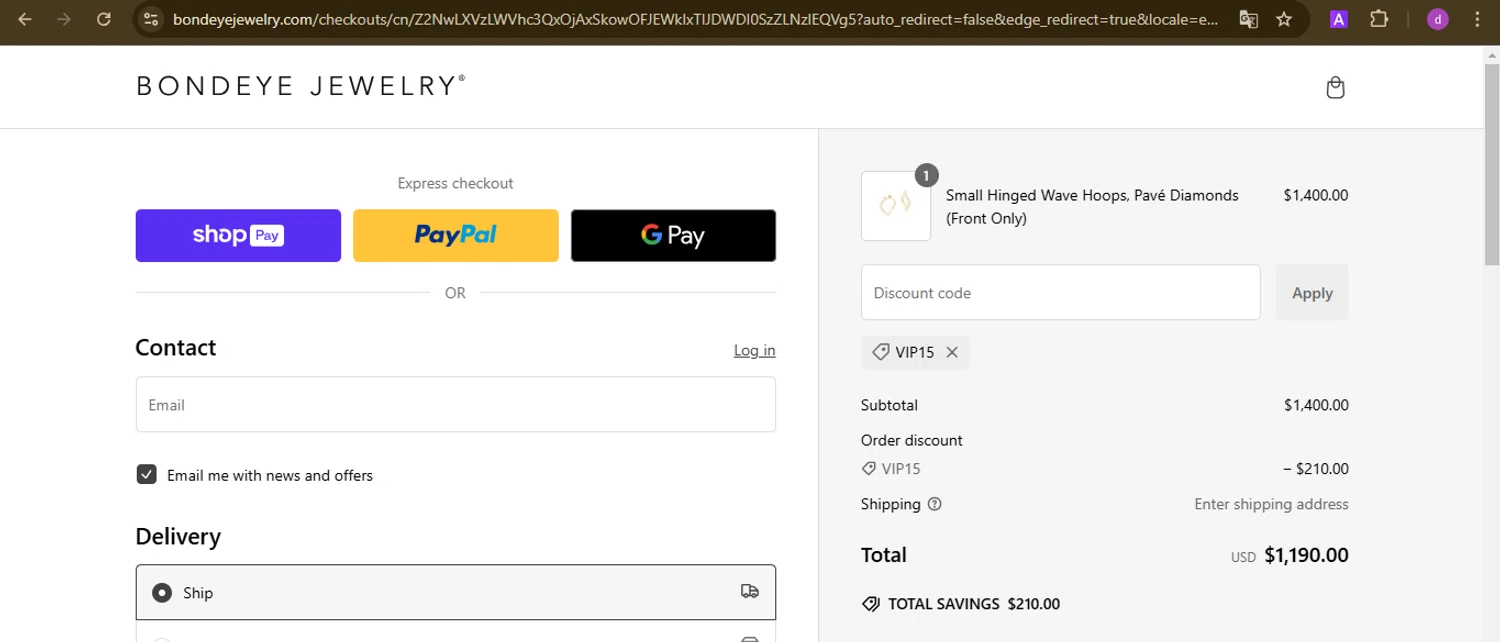 Bondeye Jewelry promo code screenshot showing code VIP15 applied at Bondeye Jewelry checkout page. Uploaded by SimplyCodes community member PennyTiger4891 on Jan 19, 2025