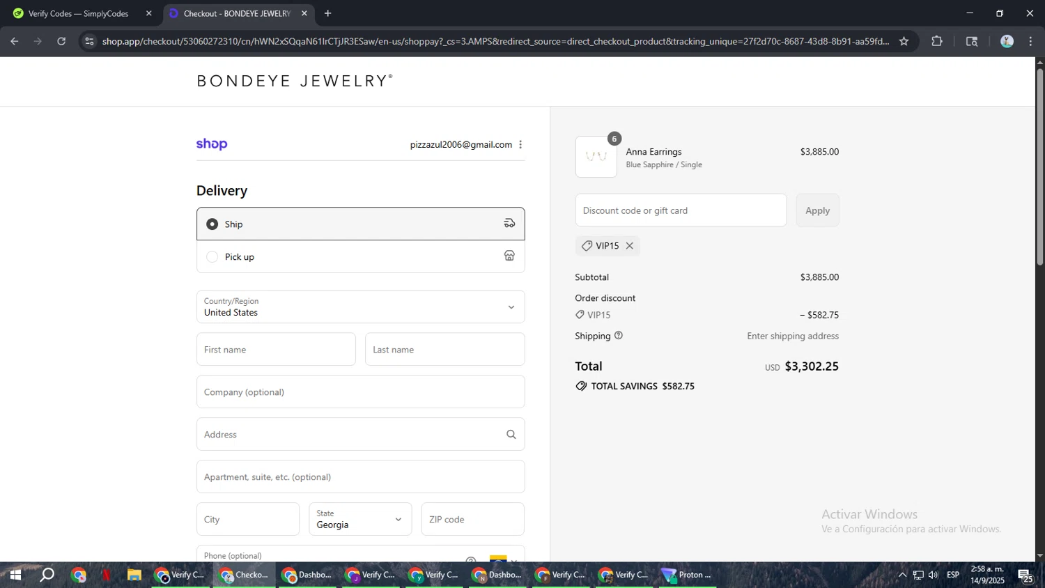 Bondeye Jewelry promo code screenshot showing code VIP15 applied at Bondeye Jewelry checkout page. Uploaded by SimplyCodes community member ShrewdSeeker6165 on Sep 14, 2025