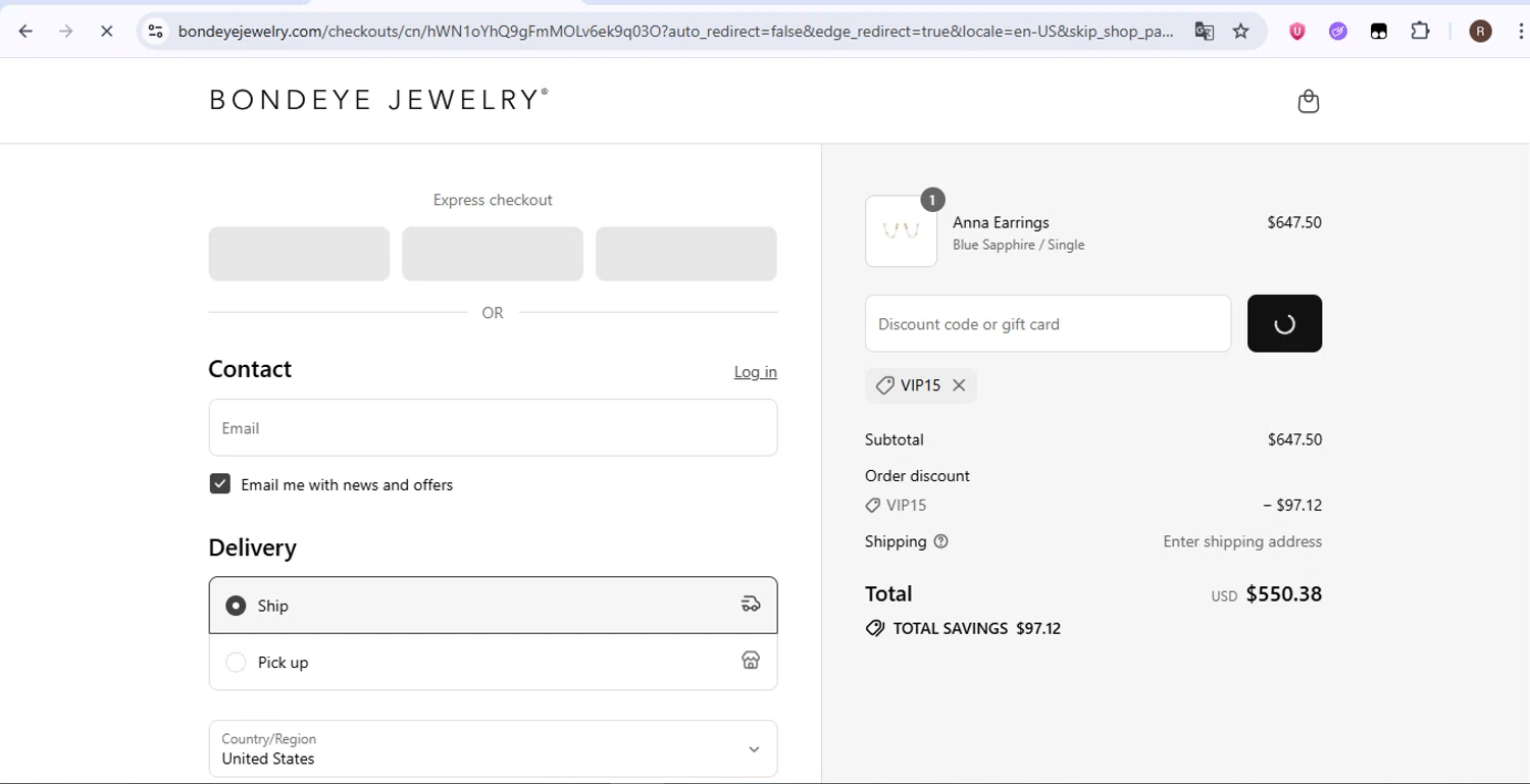 Bondeye Jewelry promo code screenshot showing code VIP15 applied at Bondeye Jewelry checkout page. Uploaded by SimplyCodes community member zurdita on Aug 15, 2025