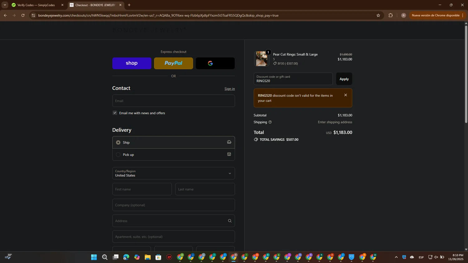 Bondeye Jewelry promo code screenshot showing code RINGS20 applied at Bondeye Jewelry checkout page. Uploaded by SimplyCodes community member CashScout2884 on Nov 27, 2025