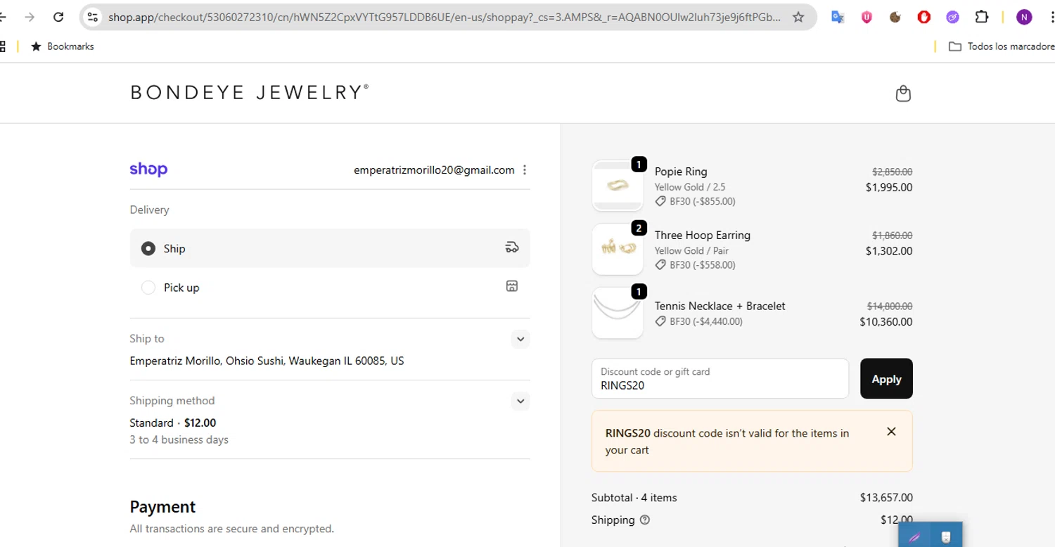 Bondeye Jewelry promo code screenshot showing code RINGS20 applied at Bondeye Jewelry checkout page. Uploaded by SimplyCodes community member CleverCurator2158 on Nov 21, 2025