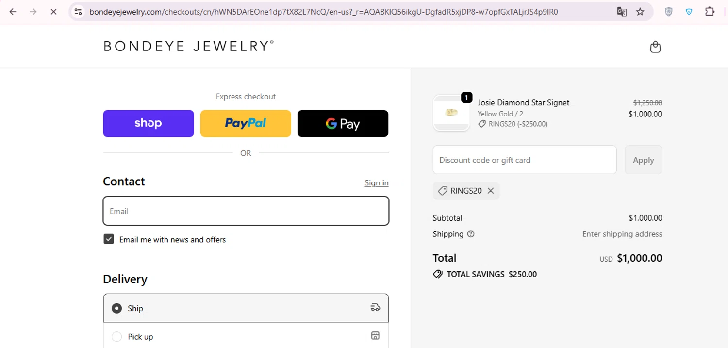Bondeye Jewelry promo code screenshot showing code RINGS20 applied at Bondeye Jewelry checkout page. Uploaded by SimplyCodes community member carol_lameda on Nov 12, 2025