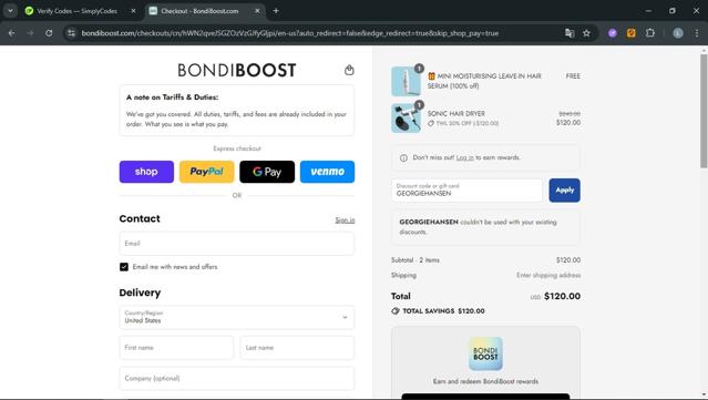 BondiBoost checkout page showing BondiBoost discount code box | Screenshot taken by SimplyCodes community member on Sep 11, 2025