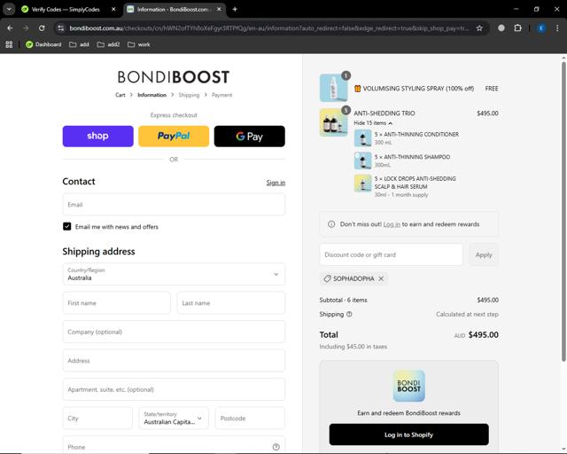 BondiBoost checkout page showing BondiBoost discount code box | Screenshot taken by SimplyCodes community member on Sep 10, 2025