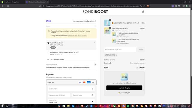 BondiBoost checkout page showing BondiBoost discount code box | Screenshot taken by SimplyCodes community member on Sep 10, 2025