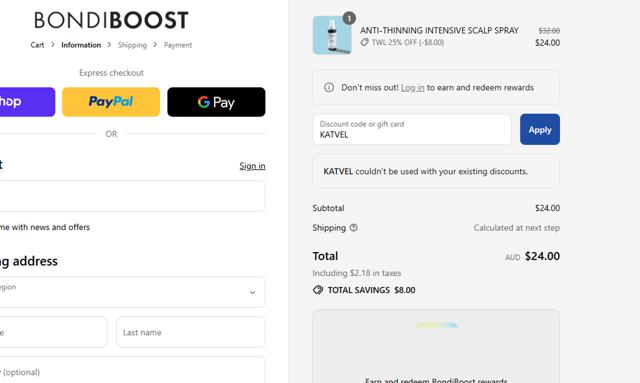 BondiBoost checkout page showing BondiBoost discount code box | Screenshot taken by SimplyCodes community member on Sep 10, 2025