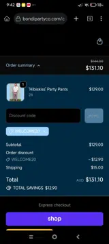 WELCOME20 coupon verification screenshot
