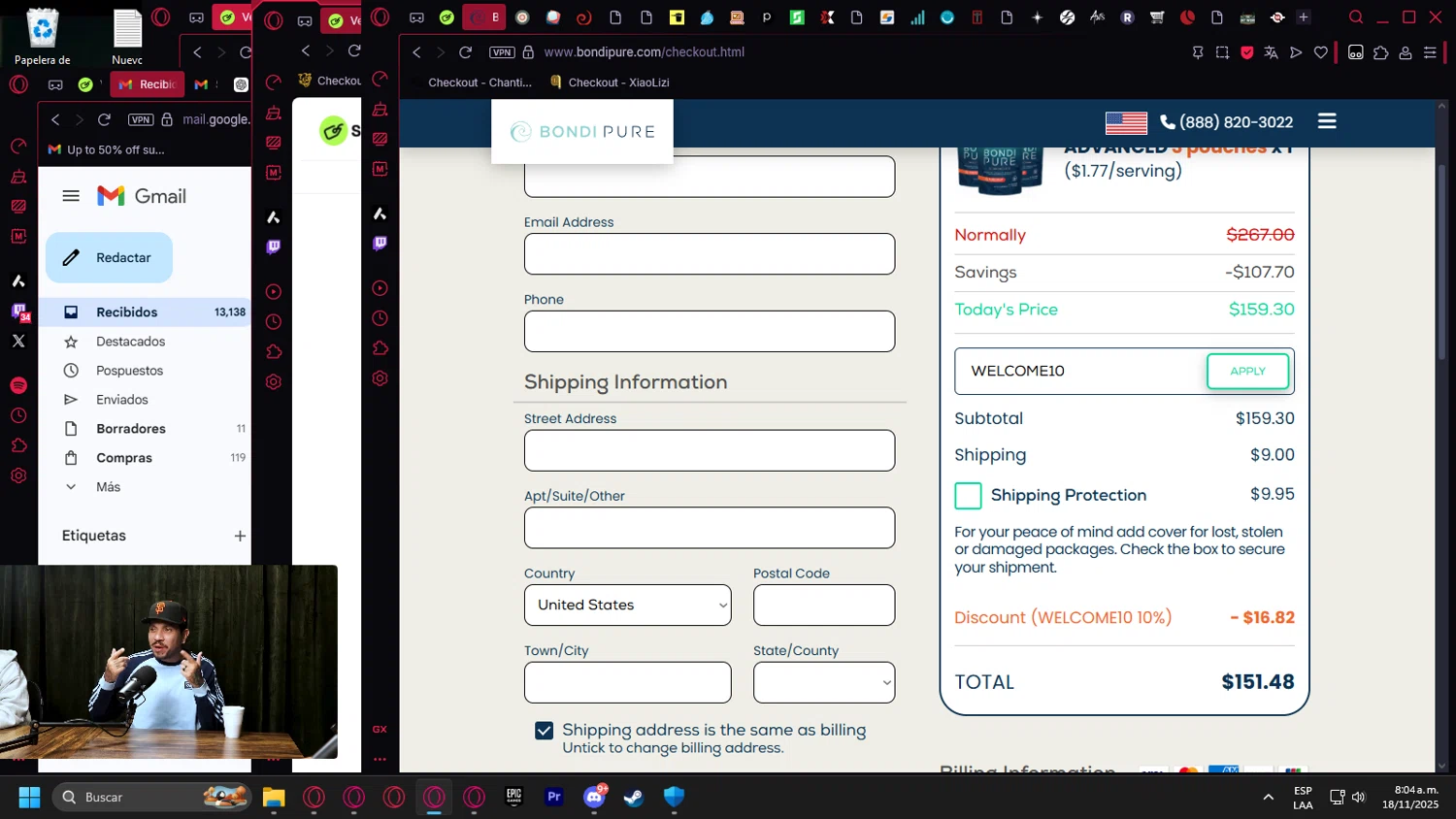 Bondi Pure discount code screenshot showing code WELCOME10 applied at Bondi Pure checkout page. Uploaded by SimplyCodes community member Halanweik on Nov 18, 2025
