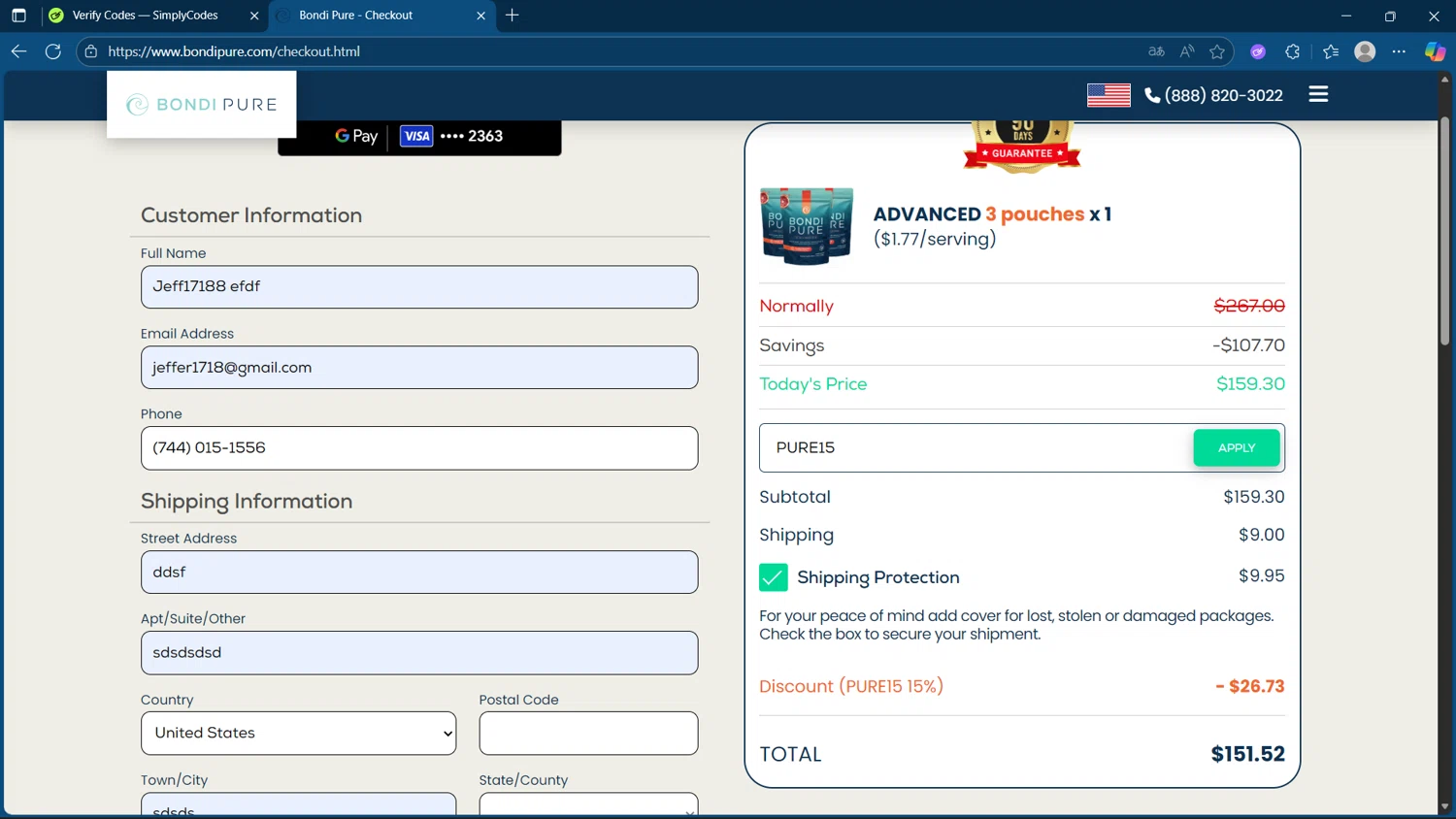 Bondi Pure discount code screenshot showing code PURE15 applied at Bondi Pure checkout page. Uploaded by SimplyCodes community member steve_jeff on Nov 3, 2025