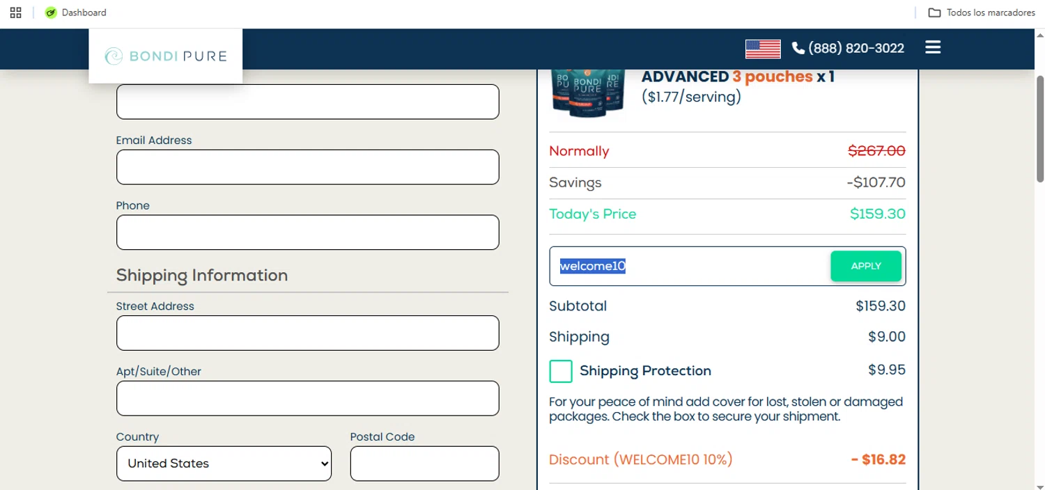 Bondi Pure discount code screenshot showing code WELCOME10 applied at Bondi Pure checkout page. Uploaded by SimplyCodes community member Speedy on Oct 20, 2025