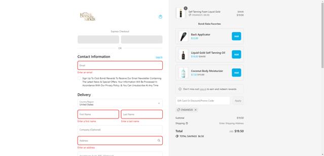 Bondi Sands US checkout page showing Bondi Sands US promo code box | Screenshot taken by SimplyCodes community member on Aug 17, 2025