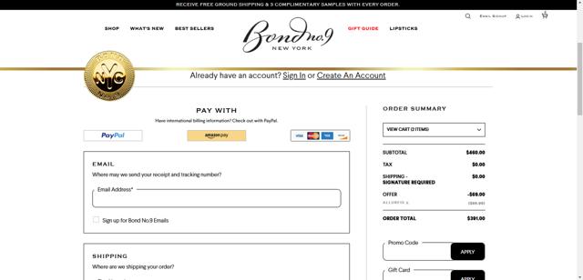 Bond No. 9 checkout page showing Bond No. 9 promo code box | Screenshot taken by SimplyCodes community member on Dec 16, 2024