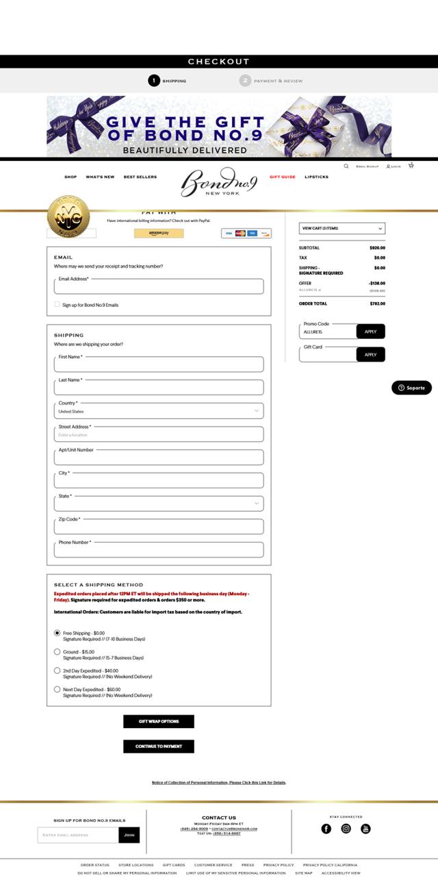 Bond No. 9 checkout page showing Bond No. 9 promo code box | Screenshot taken by SimplyCodes community member on Jan 30, 2025