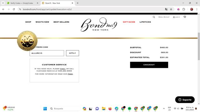 Bond No. 9 checkout page showing Bond No. 9 promo code box | Screenshot taken by SimplyCodes community member on Jan 19, 2025